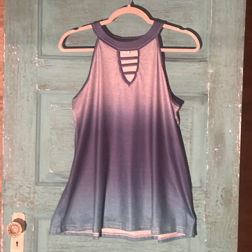 BNWOT boutique tank. Teal/blue ombre. High neck with cute chest detail. Size lg.
